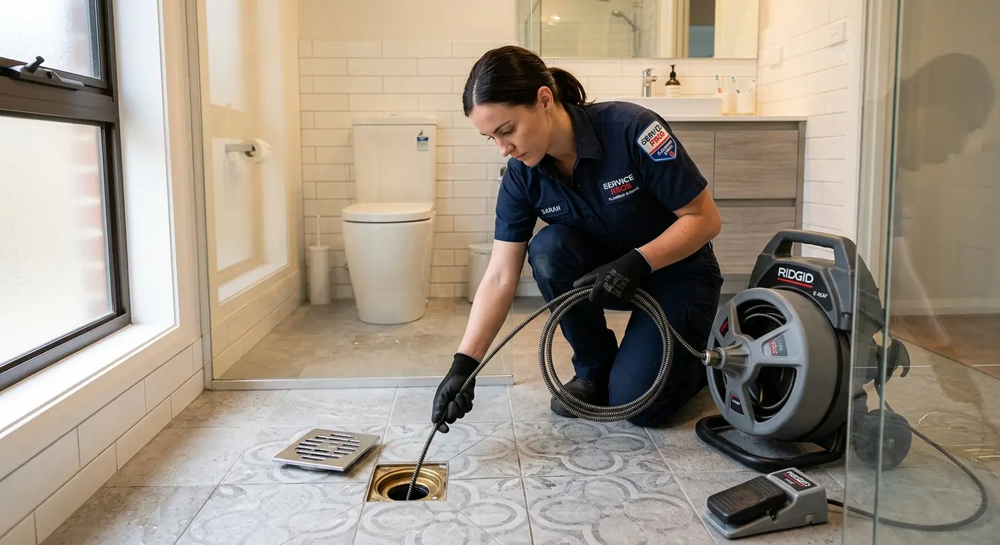 Technician clearing a bathroom floor drain for Clogged Drain Repair in Spring Hill